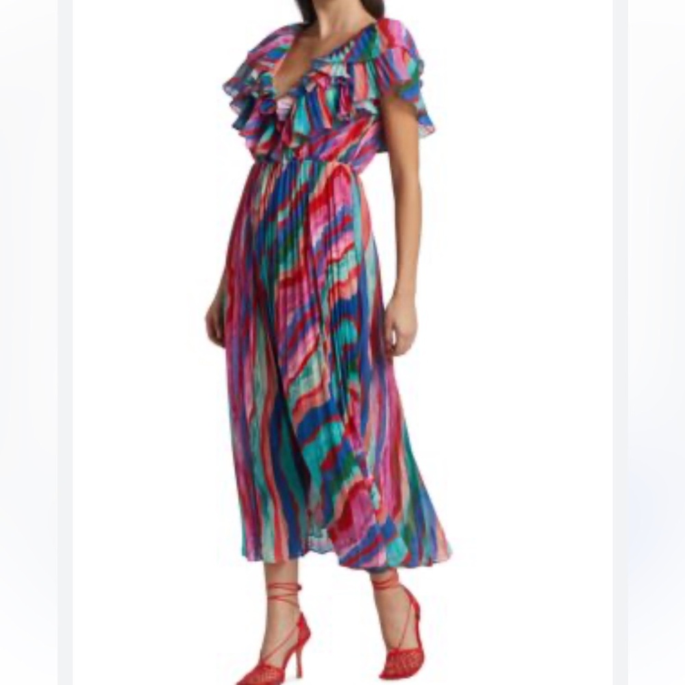 AMUR Luisa Pleated Midi Dress Size 8 Multi-color Aventurine Marble V-neck Ruffle